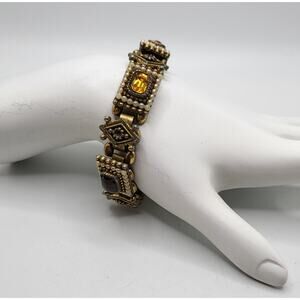 Vintage Czech Style Bracelet Faux Pearl Red Amber Glass Panels